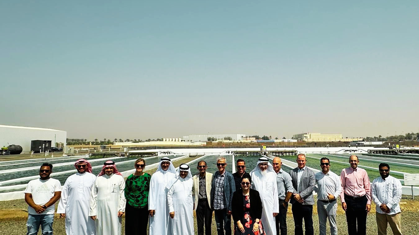 AlgaeCo team at the Red Sea Coast cultivation site, standing in front of raceway ponds